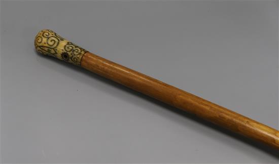 A pique work ivory handled cane, George III length 92cm
